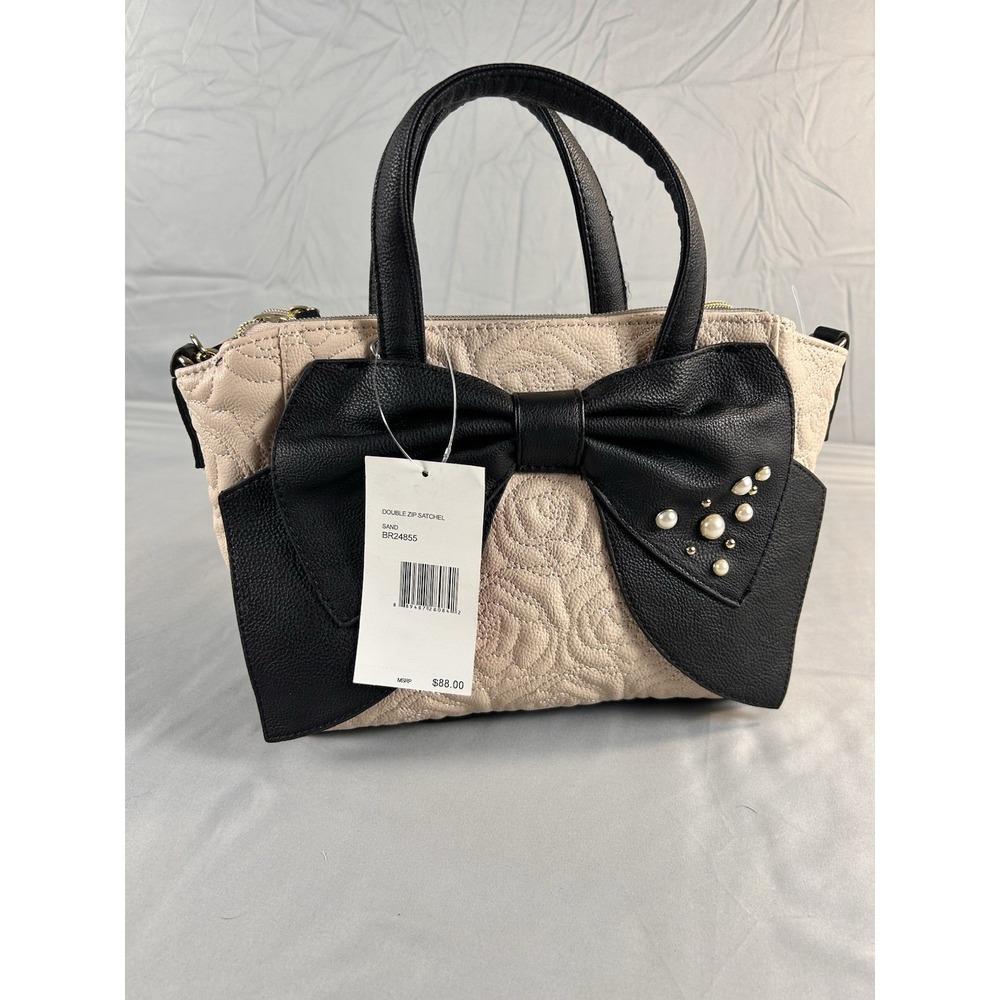 Betsey Johnson‎ Double Zip Satchel Bow Pearl Sand BR24855 NWT